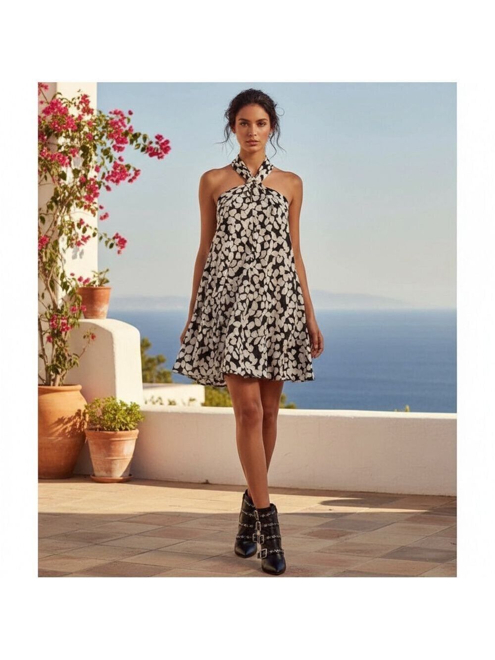 Mango Monochrome Floral Halter Mini Swing Dress Sz 10 Resortwear, Beach Club